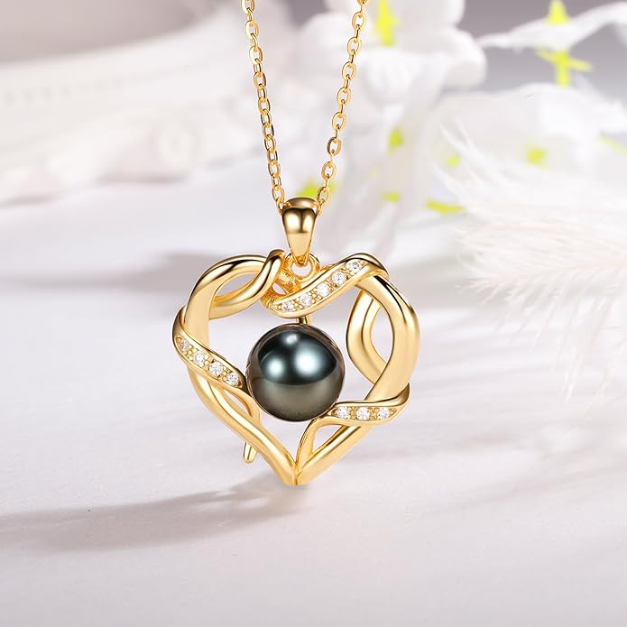 NONNYL Christmas Gifts for Women- Tahitian Black Pearl- Heart Necklace- Wife Mom Girlfriend Her- Anniversary Birthday- Mothers Day Valentine's Jewelry Gifts Real 9-10mm Pearl Pendant