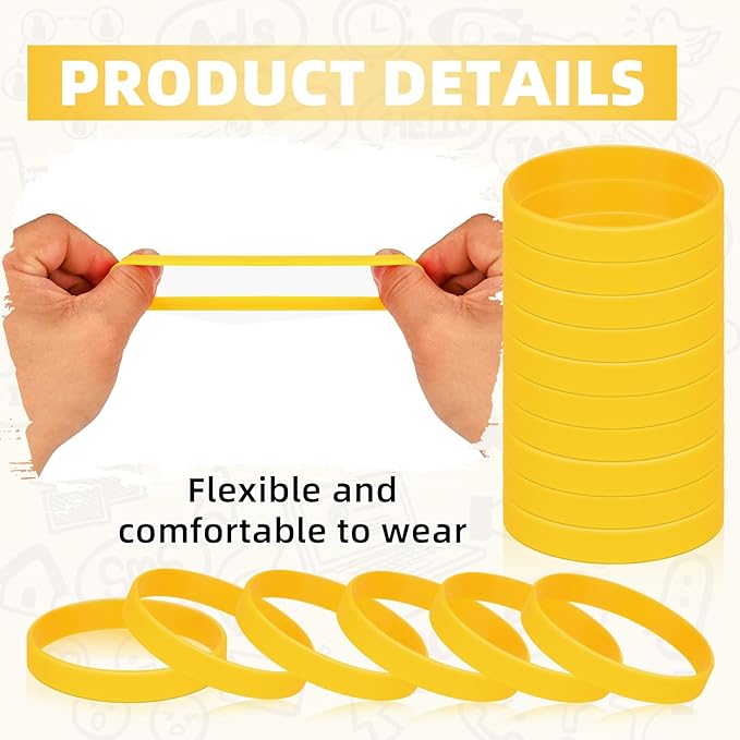 50 Pieces Rubber Bands For Silicone Bracelets, Blank Stretch Sports Elastic Rubber Wristbands For Teens, Party, Gift-Yellow