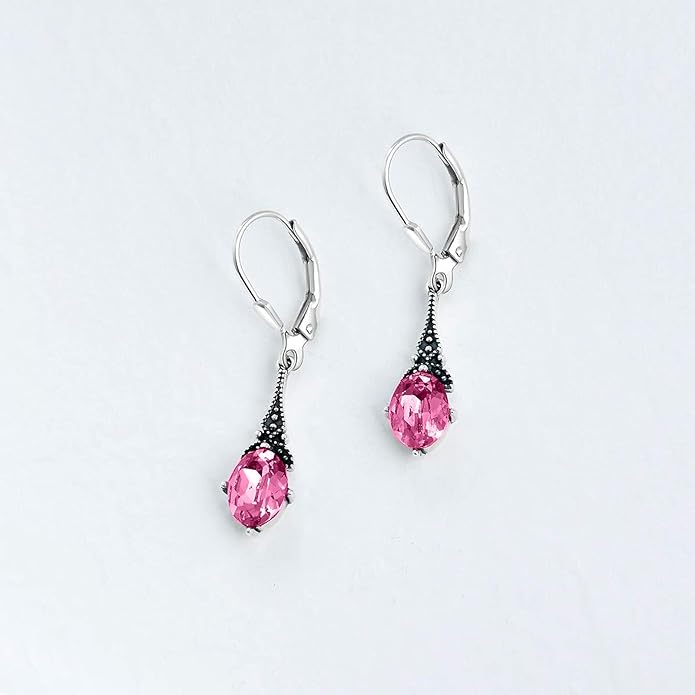 AOBOCO Vintage Earrings for Women Sterling Silver Retro Drop Dangle Leverback Earrings with 8x6mm Oval Genuine or Simulated Birthstone Crystal from Austria, Anniversary Jewelry Gifts for Her Women