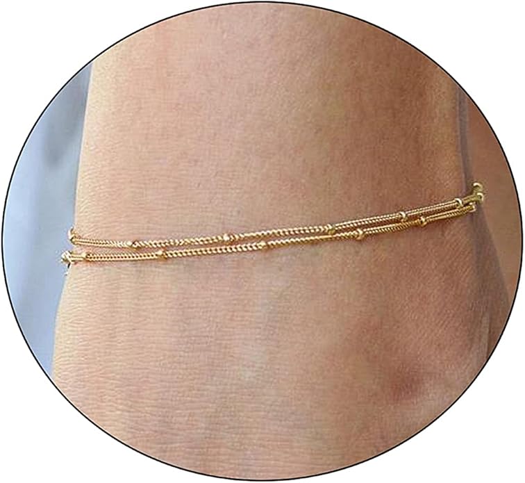 Pencros Dainty Layered Anklet,14K Gold Filled Cute Beads Satellite Chain Heart Boho Adjustable Anklets for Women