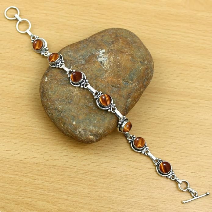 Round Shape Natural & Synthetic Gemstones Silver Plated Bracelets for Women - Vintage Bohemian Style Handmade Birthstone Adjustable Link Bracelet Jewelry Gifts for Wedding Anniversary Mother's Day