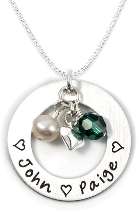 AJ's Collection Love Display with Personalized Sterling Silver Round Washer, Hand Finished. Includes up to 4 Crystal Birthstones or Pearls, and a choice of 925 Chain. Gift for Her