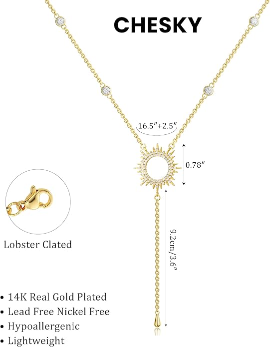 CHESKY Lariat Gold Necklace for Women Trendy, Dainty Long Necklace 14k Gold Plated/Silver Y-Shaped Pendant Necklace Layered Cz Beaded Chain Drop Necklaces Simple Gold Jewelry For Women Gift