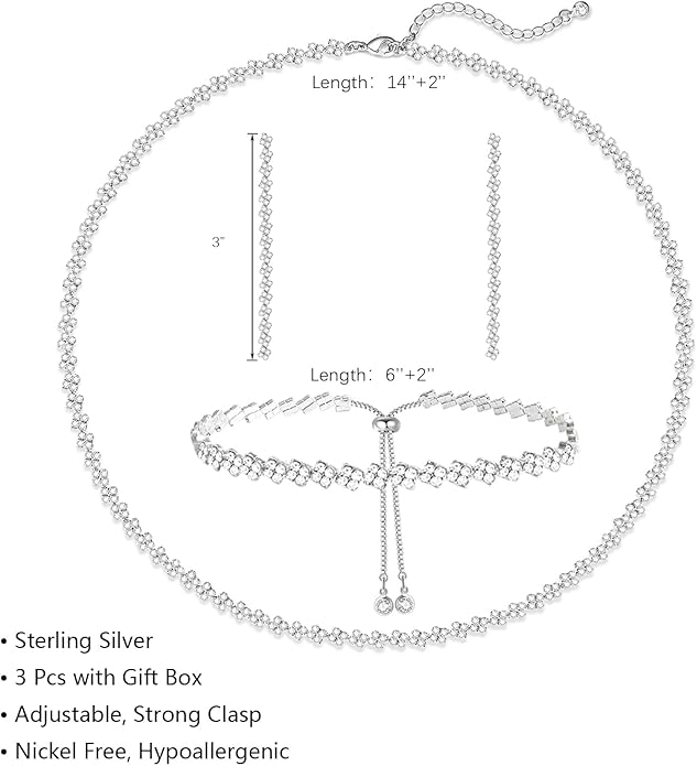 Tennis Necklace Bracelet for Women, Sterling Sliver, Dainty Chocker Necklace, Crystal Bracelet for Women, Wedding Jewelry for Bride, Sparkly Party Prom Hypoallergenic