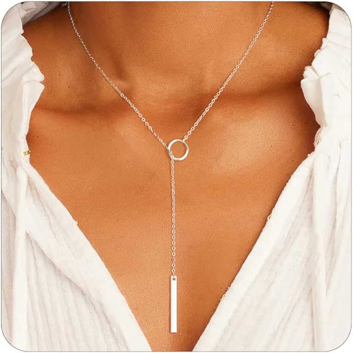 Lariat Necklace for Women, Dainty 14K Gold/Silver Plated Long Necklaces for Women Trendy Simple Layered Y-Shaped Drop Pendant Necklace Adjustable Gold Jewelry Gifts For Her Christmas Stocking Stuffer