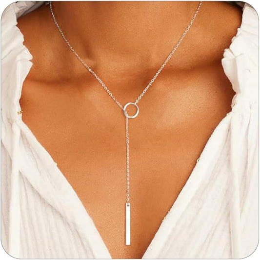 Lariat Necklace for Women, Dainty 14K Gold/Silver Plated Long Necklaces for Women Trendy Simple Layered Y-Shaped Drop Pendant Necklace Adjustable Gold Jewelry Gifts For Her Christmas Stocking Stuffer