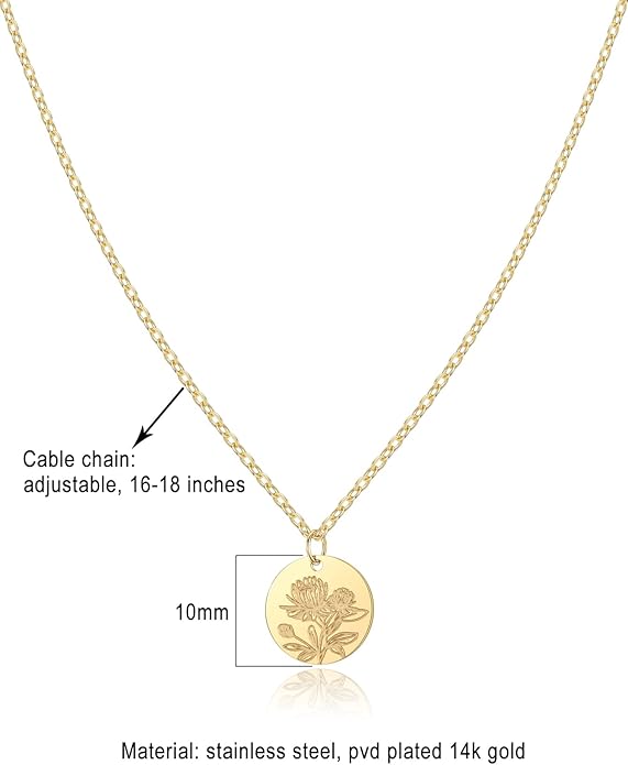 Birth Flower Necklace, 14K Gold Plated Floral Pendant Necklaces for Women, Simple Dainty Birth Month Flower Necklace, Birthday Jewelry for Women - 12 Month