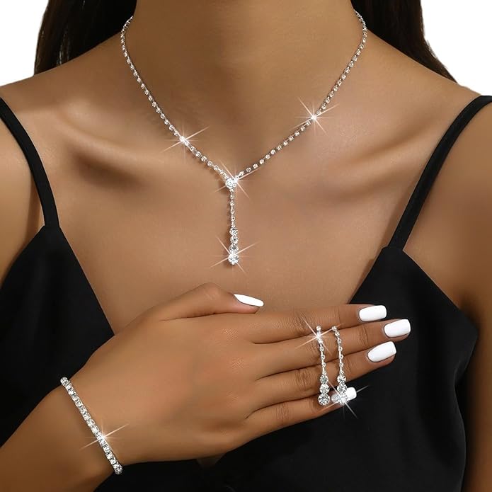 MIFYNN Rhinestone Wedding Set for Women Sparkle Crystal Earrings Necklace Bracelet Jewelry Set Wedding Party Prom Jewelry Set for Brides Bridesmaid
