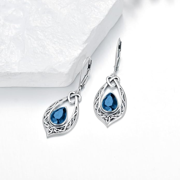 Celtic Knot Dangle Earrings 925 Sterling Silver Oxidized Vintage Drop Leverback Earrings with 8 * 6mm Simulated Birthstone Crystal Christmas Jewelry Gifts for Women (Gift Box)