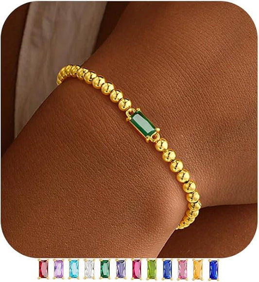 Yoosteel Dainty Birthstone Bracelet for Women - Elastic 14K-Gold-Plated Bead Bracelets Trendy Friendship Birthday Jewelry Gifts Christmas Stocking Stuffer for Women