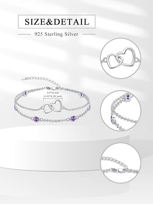 Dorunmo Heart Birthstone Bracelet Anklet for Women 925 Sterling Silver Birthday Jewelry Gifts for Women Wife