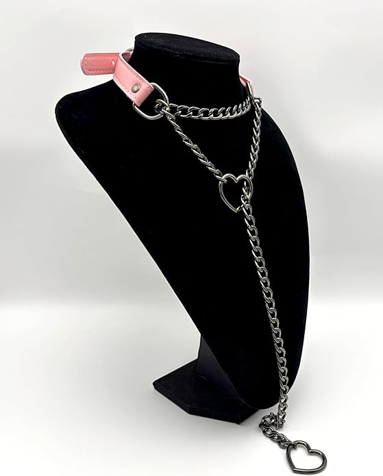 Black Leather Choker Collar For Women, Handmade Heart Slip Chain Choker Long Necklace with Adjustable Buckle