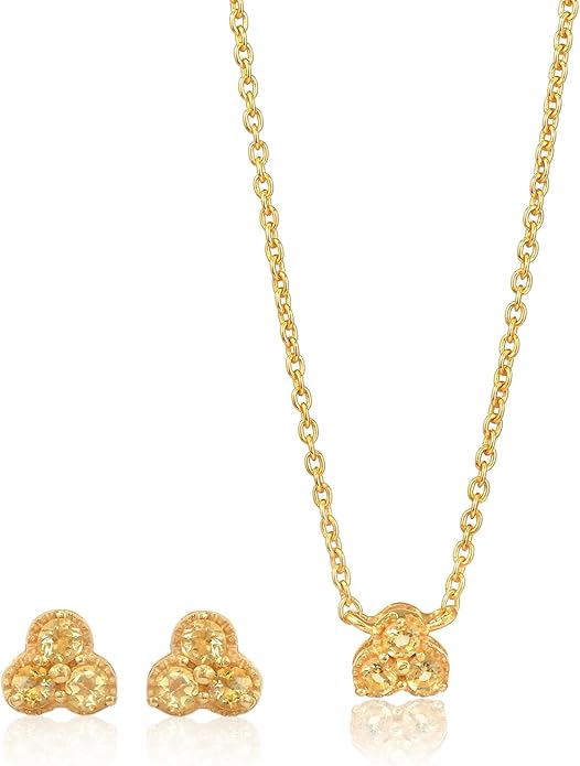 DEVSHINE 925 Sterling Silver Cluster Pendant & Earring Set with 2.5mm Round Natural Gemstones – Dainty Floral Design, Chain Included – Citrine, Rhodolite Garnet, Amethyst, Red Garnet & Sky Blue Topaz, 14K Gold & Rhodium Plating – Gift for Women