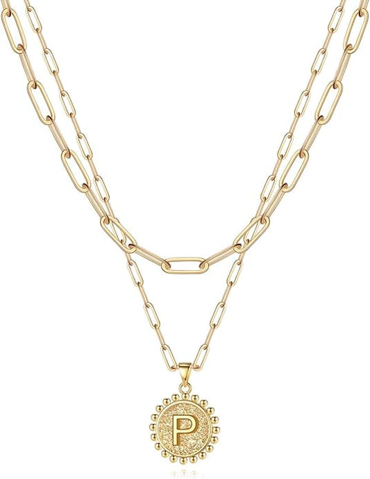 Yoosteel Gold Initial Necklaces for Women, 14K Gold Plated Dainty Layering Paperclip Link Chain Necklace Coin Initial Layered Necklaces for Women Personalized Birthday Gifts