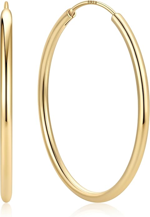 ChicSilver Hypoallergenic 925 Sterling Silver Hoop Earrings for Women, Lightweight Large Gold Plated Hoop Earrings, Endless Hoops Earring 20/30/40/50/60/70MM