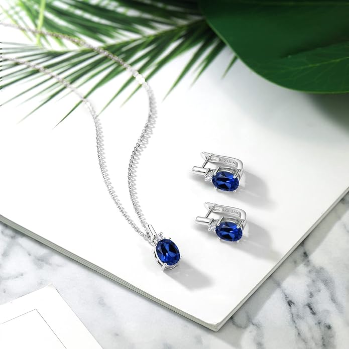 Gemstone Birthstone and White Created Sapphire Pendant and Earrings Jewelry Set for Women in 925 Sterling Silver | Oval 8X6MM and Round 2.5MM | With 18 Inch Chain | Fine Jewelry for Her Mom Women Wife