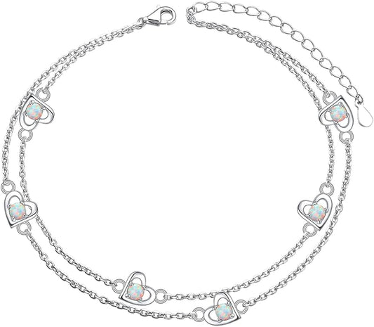 FLYOW Anklet for Women S925 Sterling Silver Adjustable Foot Beaded Heart Charm Ankle Bracelet Anklets Jewelry