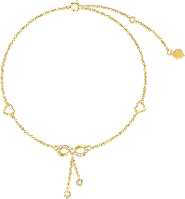 14K Solid Gold Heart Infinity Anklet for Women,Real Gold Dainty Moissanite Infinity Heart Anklets Beads Station Anklet Foot Link Anniversary Birthday Jewelry Gifts for Wife Mom 8''+2''