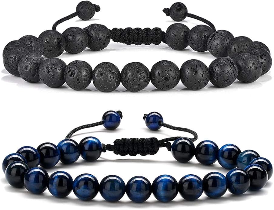 M MOOHAM Natural Stone Bracelets for Men - 8mm Tiger Eye, Matte Agate, Lava Rock - Teen Boys Gifts for Birthday, Anniversary, Christmas