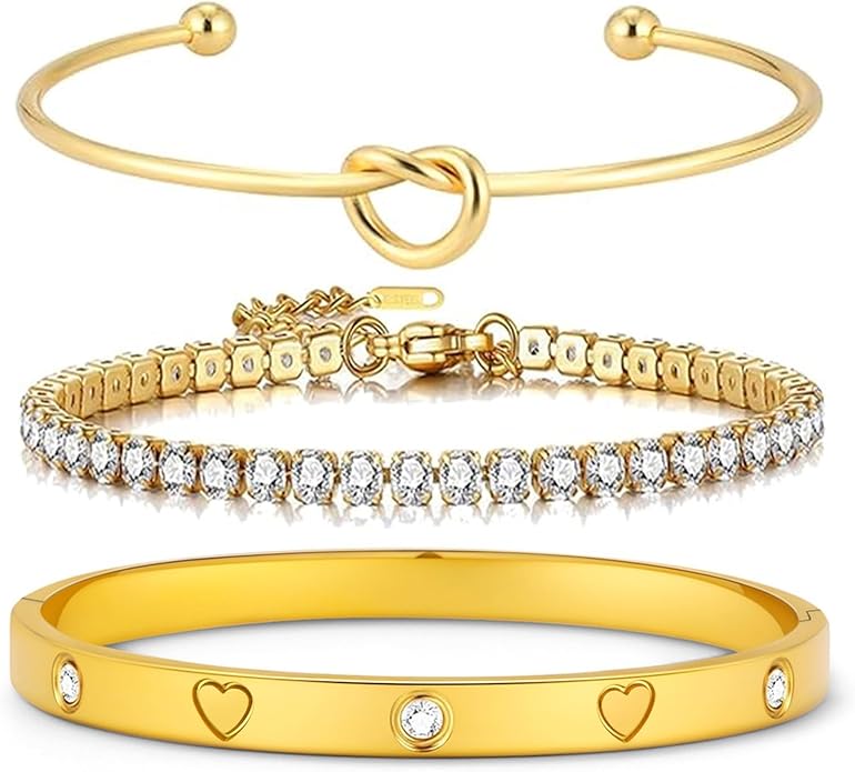 FAFUGA 18 K Gold Plated Love Bangle Bracelet Stack Cuff Jewelry for Women Jewelry Set for Women Gift with Box