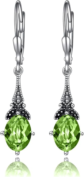 AOBOCO Vintage Earrings for Women Sterling Silver Retro Drop Dangle Leverback Earrings with 8x6mm Oval Genuine or Simulated Birthstone Crystal from Austria, Anniversary Jewelry Gifts for Her Women