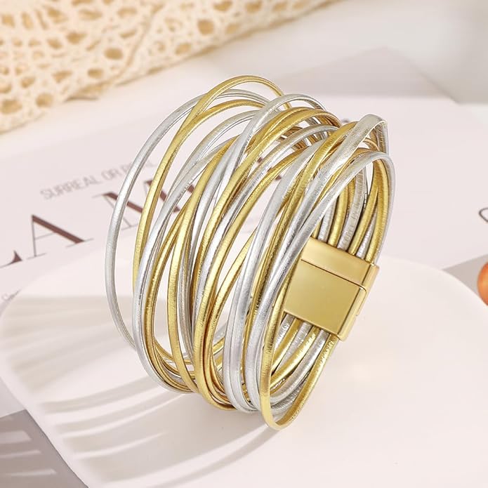 Edoneery Leather Wrap Bracelet for Women, Boho Handmade Multi-Layer Cuff with Crystal Beads Heart, Stackable Bangle Western Jewelry Gift