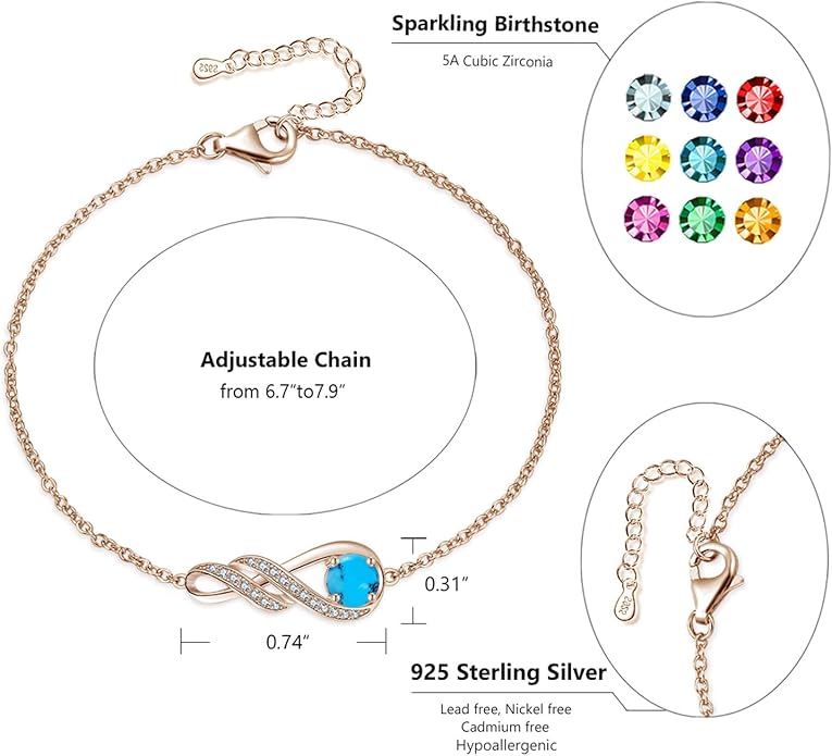 Birthstone Bracelets for Women 925 Sterling Silver Created Gemstone Bracelet Infinity Pendant Jewelry for Her, 6.7"+1.2"