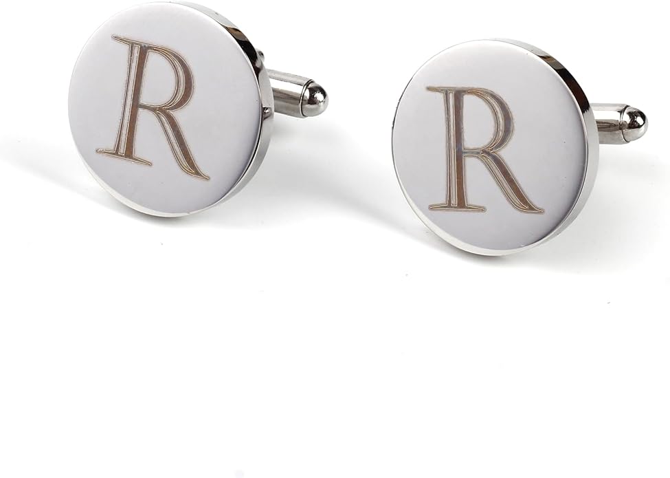 Mens Initial Silver Cufflinks A-Z Alphabet Letter Steel Cuff Links with Engraved Walnut Wood Box Groom Groomsman Wedding Set…
