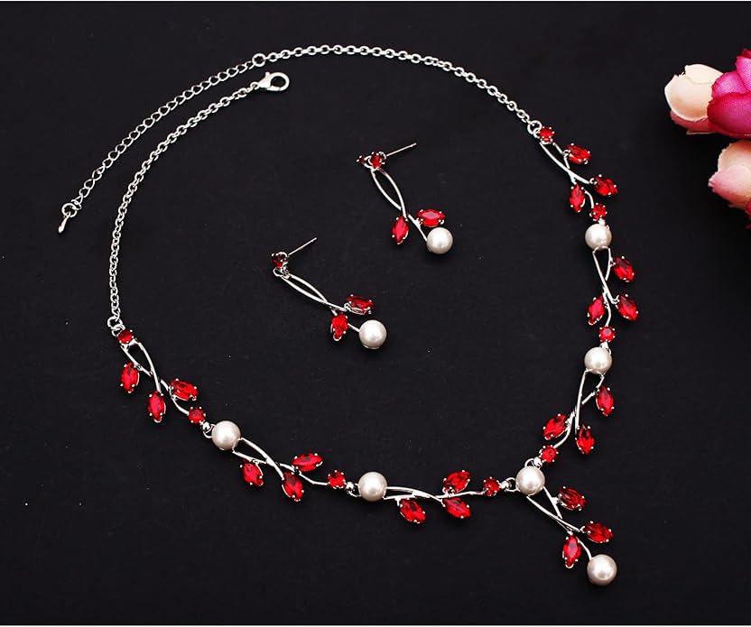 Luxury Cubic Zirconia Aurtrian Crystal Pearl Floral Necklace Dangle Earrings Wedding Bridal Jewelry Set Birthday Gifts for Her
