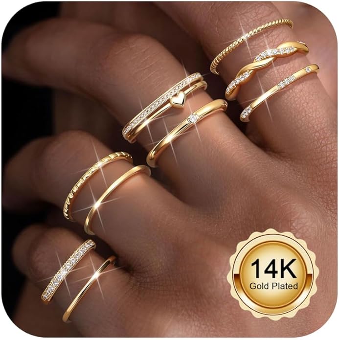 Thunaraz Gold Stackable Rings for Women Non Tarnish Open Adjustable 14K Gold Plated Rings Trendy Stack Cubic Zirconia Thin Thumb Ring Set Minimalist Dainty Statement Band Ring