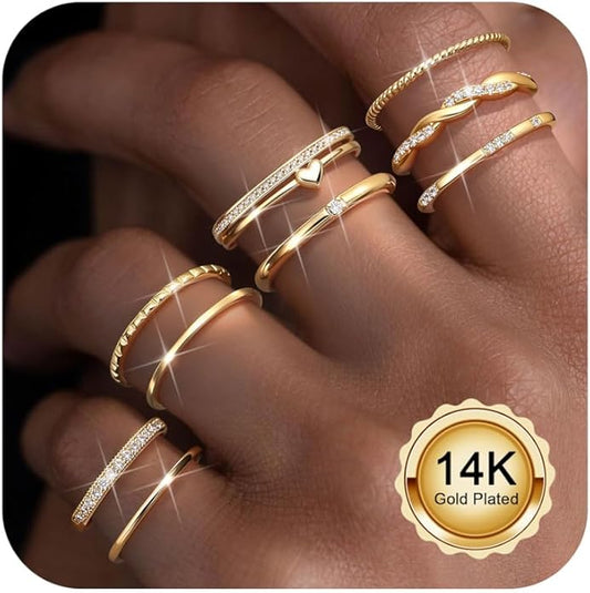 Thunaraz Gold Stackable Rings for Women Non Tarnish Open Adjustable 14K Gold Plated Rings Trendy Stack Cubic Zirconia Thin Thumb Ring Set Minimalist Dainty Statement Band Ring