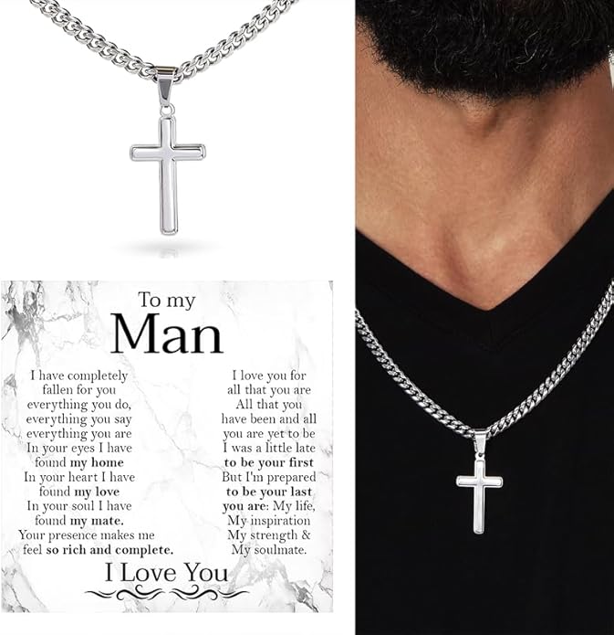 SUTERY Cross Cuban Chain Necklace - Promise Necklace for Him, Necklace for Boyfriend, Mens Necklace for Fiance, Valentine's Day