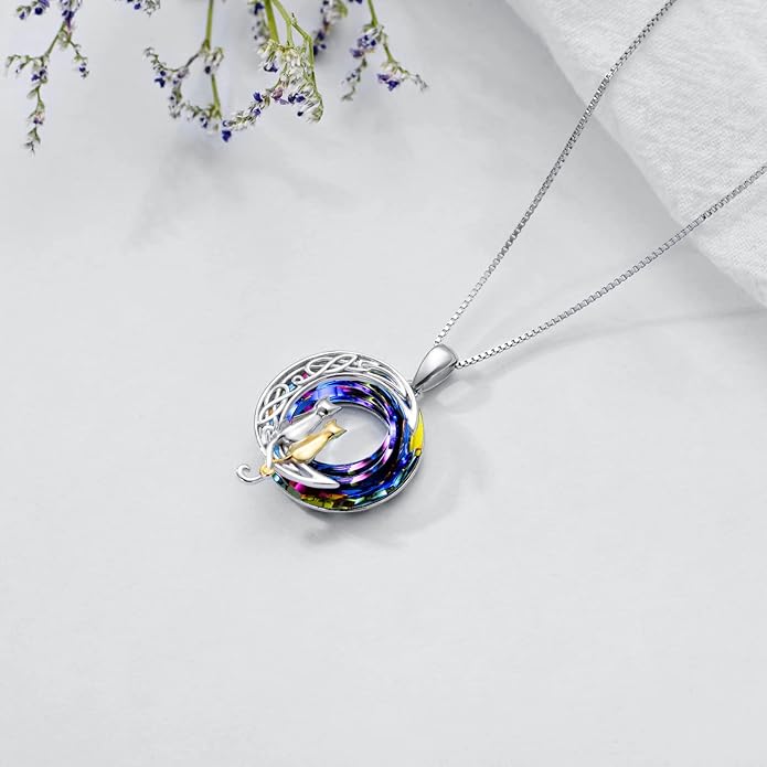 TOUPOP Christmas Cat Gifts for Cats Lovers One Two Three Four Cats Necklace Sterling Silver Cats on the Moon Pendant Necklace with Blue Circle Crystal Birthday Christmas Celtic Jewelry Gifts for Women