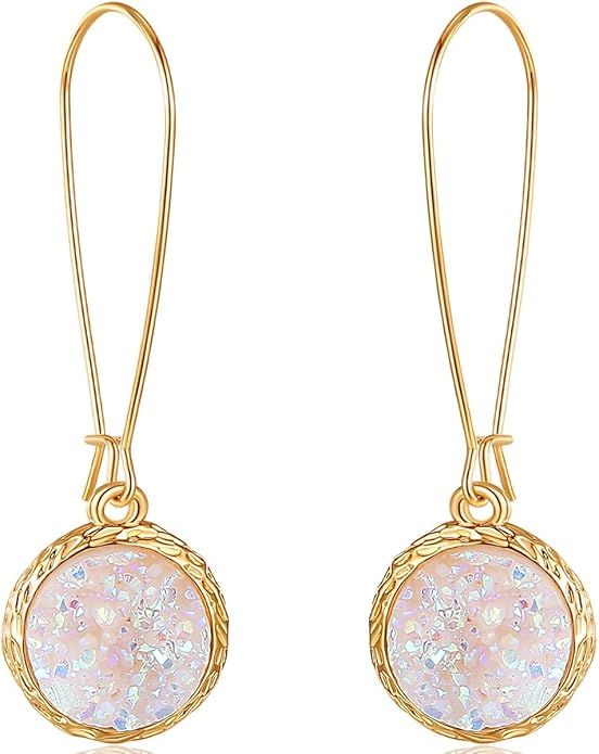 Simulated Druzy Threader Drop Earrings for Women - Gold, Silver, or Rose Gold Tone Trendy Boho Dangles with Sparkly Round Stone