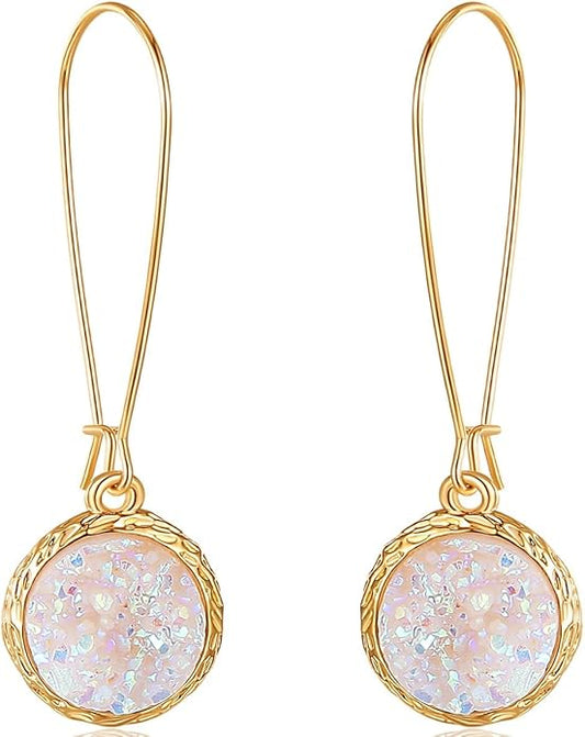 Simulated Druzy Threader Drop Earrings for Women - Gold, Silver, or Rose Gold Tone Trendy Boho Dangles with Sparkly Round Stone