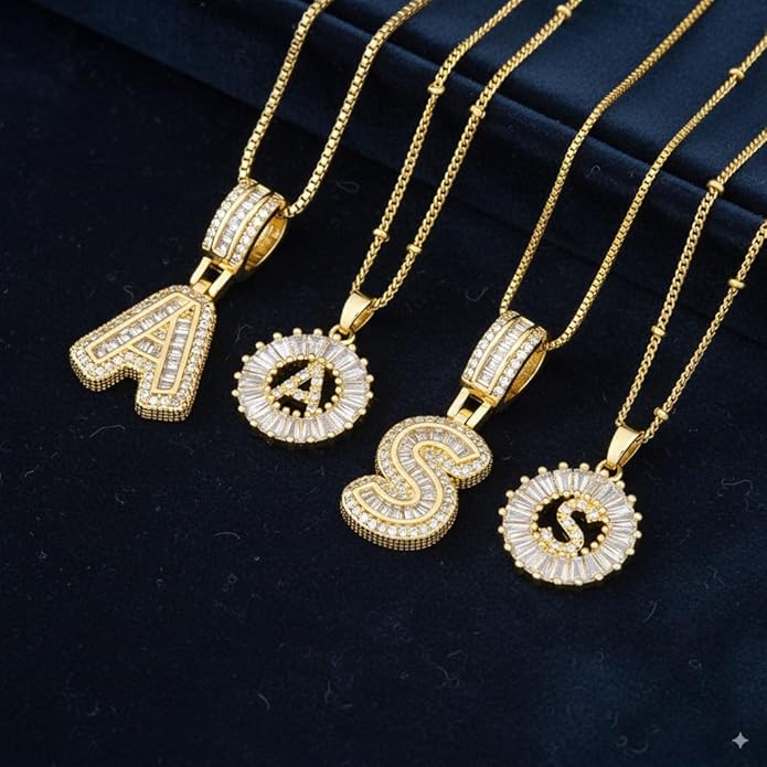 14K Gold Plated Initial Letter Pendant Necklace, Cubic Zirconia Crystal, Copper Chain