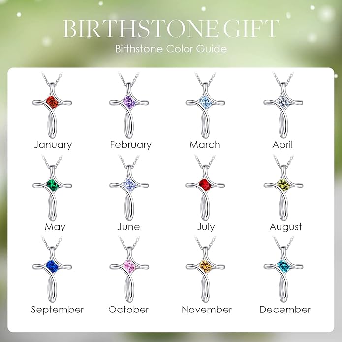 NINAMAID Cross Necklace for Women, 925 Sterling Silver Birthstone Necklace for Women with Diamond Sideways Cross Necklaces Birthstone Jewelry Birthday Gifts for Womens
