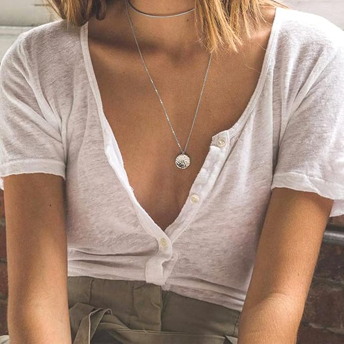 Turandoss Dainty Layered Choker Necklace, Handmade Y Pendant Necklace Multilayer Bar Disc Necklace Adjustable Layering Choker Necklaces for Women