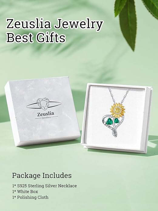 Zeuslia Double Birthstone Necklace Gifts for Wife - 925 Sterling Silver Sunflower/Rose/Crown Cross/Compass/Heart Pendant I Love You Necklace, Anniversary Birthday Gifts for Wife Girlfriend Mom Her