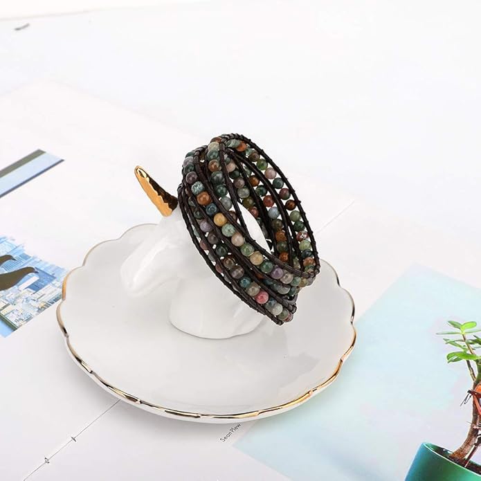 Emibele Layered Leather Bracelet, Rivet Leopard Print Bohemian Style Multilayer Wrap Bracelet, Handmade Agate Amethyst Chakra Crystal Glass Beaded Shell Bracelet for Women