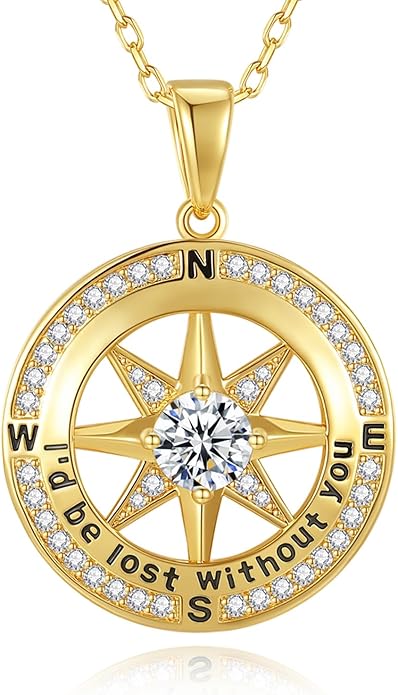 Mkhhy Compass Necklace for Women Jewelry For Her White Gold and Yellow Gold I'd Be Lost Without You(18k Real Gold Filled With S925)