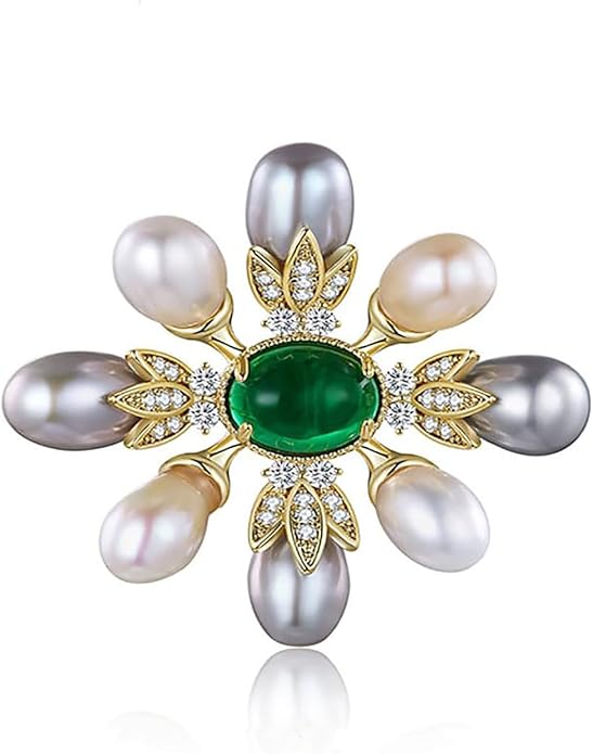 14K Gold Handcrafted Emerald Brooch with Moissanite and Freshwater Pearls - Vintage Style Floral Corsage, Fashion Coat Accessory Gift