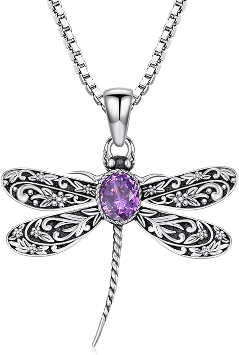 Vintage Dragonfly Necklace for Women 925 Sterling Silver, Oval Birthstone Dragonfly Pendant Boho Jewelry Birthday Gift for Her, Mom, Grandma