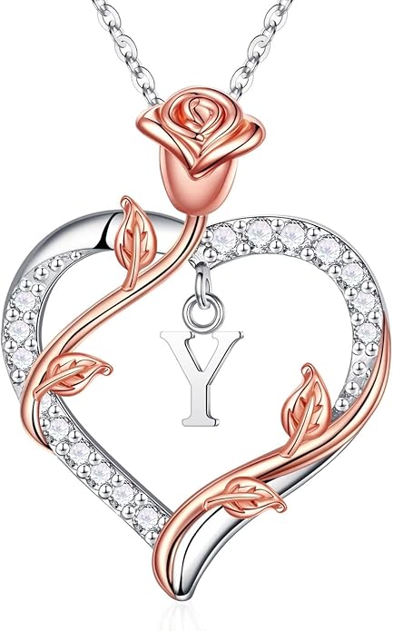 Iefil Rose Heart Necklaces Gifts for Women - 925 Sterling Silver Heart Initial Necklace, Anniversary Birthday Gifts for Women, Jewelry Gift for Wife Wife Girlfriend Mom