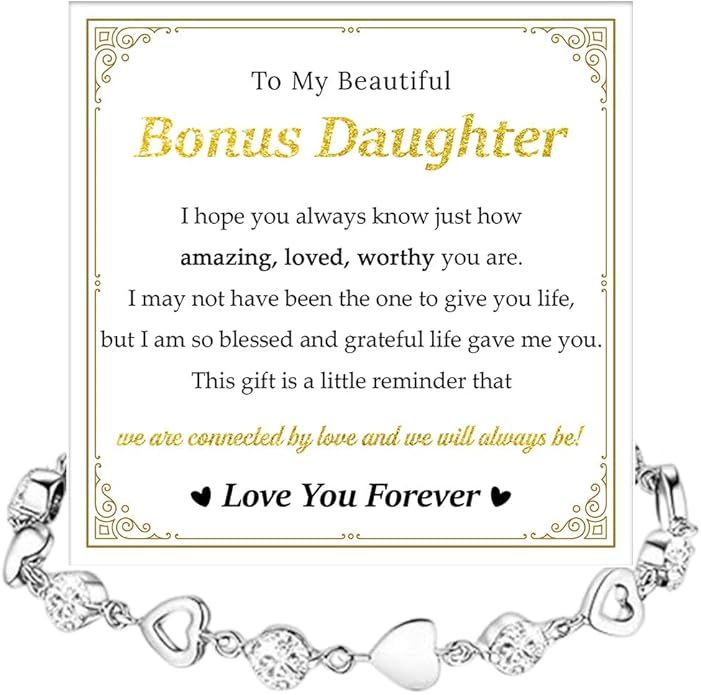 To My Bonus Daughter Heart Bracelet Gift, Beautiful Bonus Daughter Jewelry From Step Mom Dad With Message Card and Box Meaning, Christmas Graduation Birthday Gifts, To My Stepdaughter Bracelet