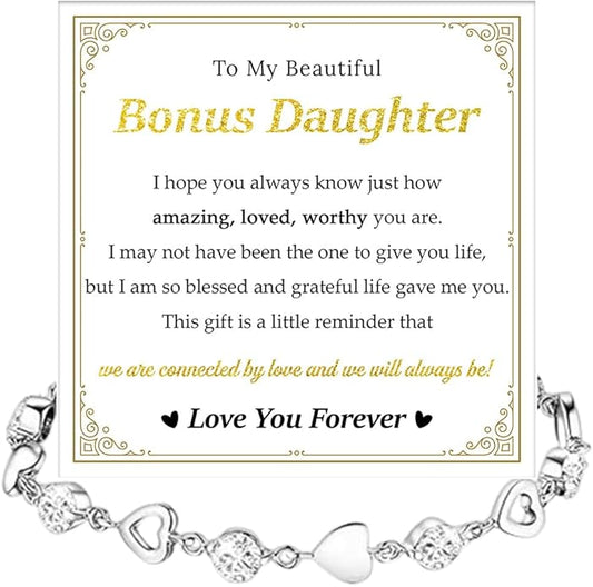 To My Bonus Daughter Heart Bracelet Gift, Beautiful Bonus Daughter Jewelry From Step Mom Dad With Message Card and Box Meaning, Christmas Graduation Birthday Gifts, To My Stepdaughter Bracelet