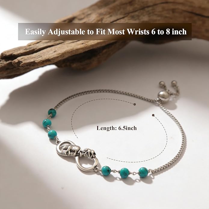 Genuine Turquoise Elephant Bead Bracelet for Women 925 Sterling Silver Real Turquoise Adjustable Boho Native American Bracelets 6 to 8 Inch