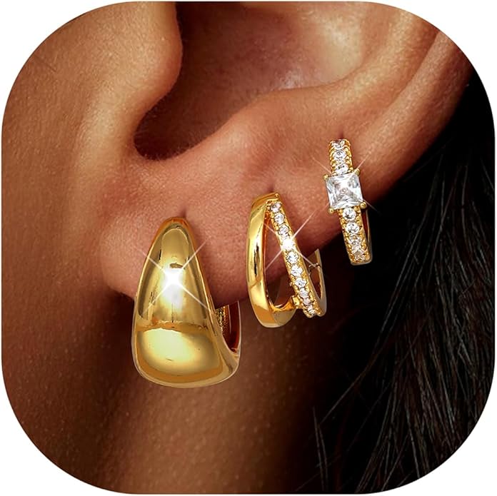 LOYALLOOK 3Pairs Gold Hoop Earrings Set for Women Trendy Huggie Hoop Earrings Stacks for Multiple Piercing 14K Gold Plated Chunky Hoop Earrings Set Hypoallergenic Cartilage Earring Lightweight