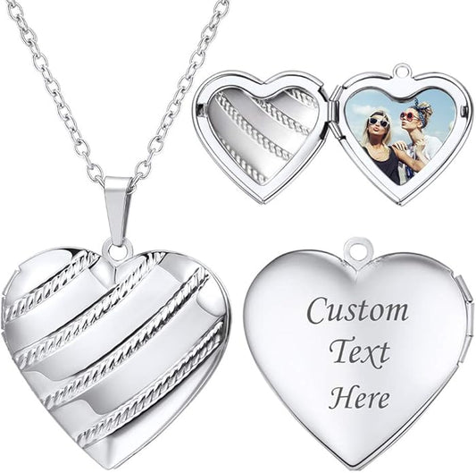 U7 Women Locket Necklace Platinum 14K Gold Photo Lockets that Hold Picture,Chain 20 Inch Personalized Gift Custom Love Heart Image Necklaces