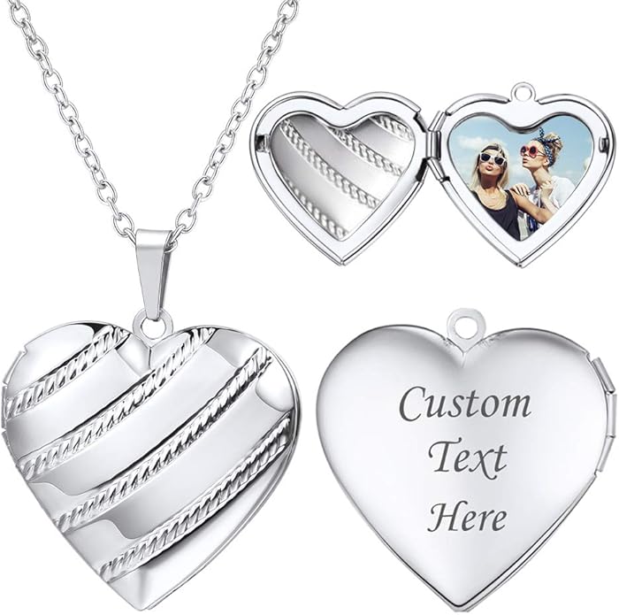 U7 Women Locket Necklace Platinum 14K Gold Photo Lockets that Hold Picture,Chain 20 Inch Personalized Gift Custom Love Heart Image Necklaces